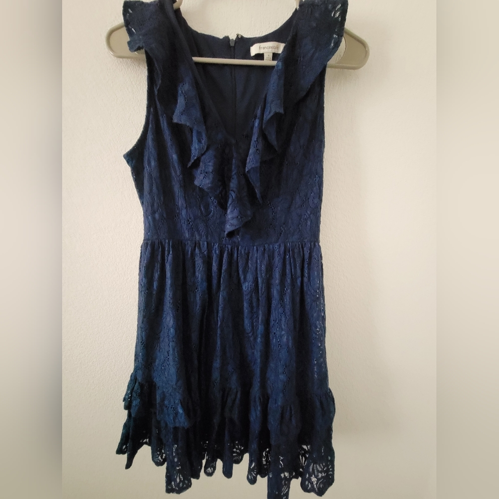 Francescas navy blue eyelet dress with ruffles.